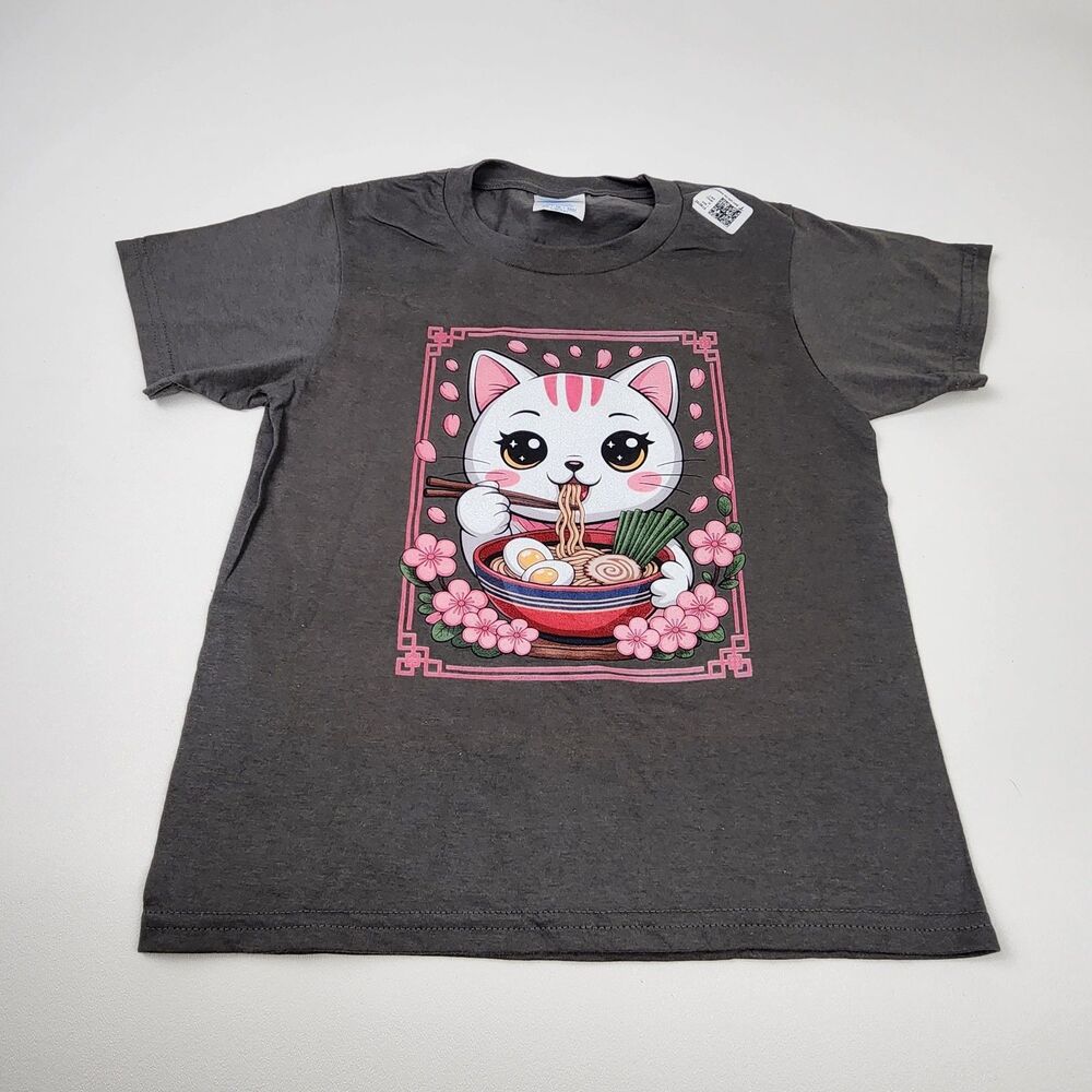 Kawaii Cat Eating Ramen Anime Graphic T-Shirt Black Kids XS NWT